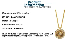 Macro detail of gold rotating compass pendant with 14x17mm eight-heart diamond cut