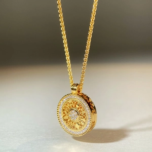 Rotating gold compass pendant necklace with hollow pattern and zircon inlays for unisex