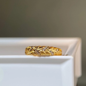 925 silver 18K gold plated wheat ear braided ring with fine brushed finish and zircons