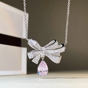 925 Sterling Silver Bowknot Pendant Necklace For Women Platinum Plated Pear Cut Zirconia Water Drop Necklace Luxury Jewelry