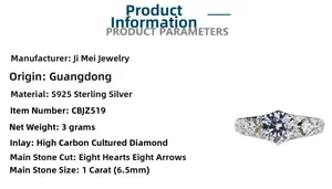 Tableau des spécifications de la bague en argent S925 avec pierre de 1 carat et 6,5mm