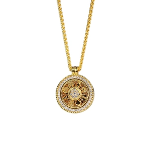 Rotating gold compass pendant necklace with hollow tree design and zircon accents