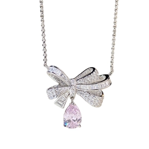 925 silver bow necklace with pear-shaped pink zircon drop and sparkling pavé setting