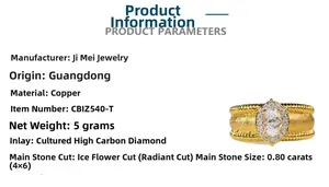 Detailed specs of ice-cut 18K gold plated ring featuring 80-point carbon diamond