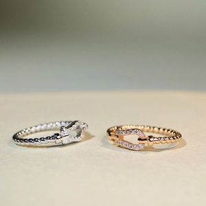 Detail of horseshoe buckle rings with twisted rope band and micro-pave cubic zirconia