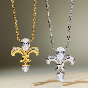S925 Sterling Silver Fleur De Lis Pendant Necklace With Pear Heart Rhinestone 18K Gold Plated Vintage Luxury Women Jewelry