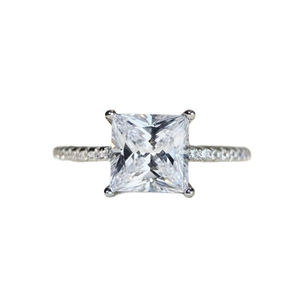 Princess cut 2 carat moissanite ring with classic four-prong setting and pavé band