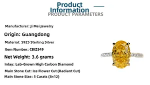 Detailed view of S925 sterling silver ring with 5ct radiant cut yellow high carbon diamond