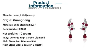 Macro view of S925 sterling silver drop earrings with 3ct pear cut red corundum gems