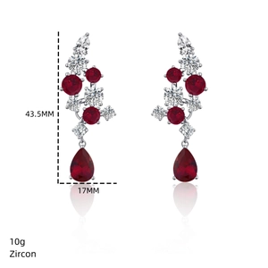 Detail showing red waterdrop zircon earrings with vine pattern, size 43.5mm by 17mm