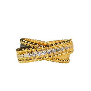 Minimalist gold beaded cross ring with vertical zircon row stones for men and women
