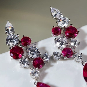 Elegant S925 silver drop earrings with pear-cut red ruby and white zircon gemstones