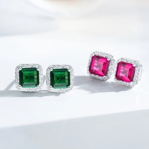 S925 silver stud earrings with emerald cut green and ruby red stones and zircon halo
