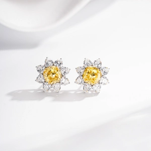 S925 silver sunflower stud earrings with yellow radiant cut center and white petals