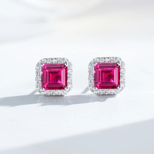 Elegant S925 silver halo stud earrings with emerald-cut red ruby-colored stones
