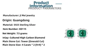 Detail showing emerald cut 4ct lab diamonds set in S925 sterling silver earrings
