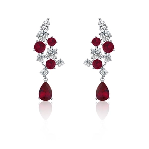 Elegant S925 silver teardrop earrings with red corundum and white zircon accents