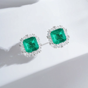 Luxury Emerald Cut Green Zirconia Stud Earrings 925 Sterling Silver Halo Earrings For Women Vintage Wedding Jewelry
