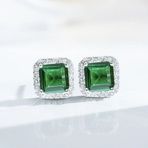 Square emerald cut green gemstone halo stud earrings in S925 sterling silver