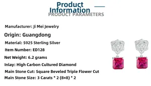 Detail view of S925 silver earrings with 3ct square cut red corundum and zircon accents