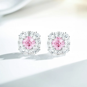 Elegant 925 sterling silver stud earrings with pink square zircon and floral halo stones