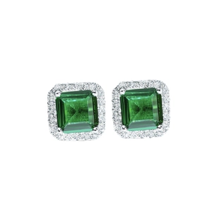 Classic S925 silver emerald cut green gemstone stud earrings with zircon halo accents