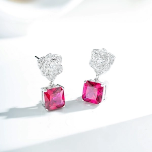 Elegant S925 silver floral drop earrings with red corundum and brilliant zircons