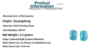 Macro detail of S925 silver stud earrings with 6x8mm ice cut blue high carbon diamond