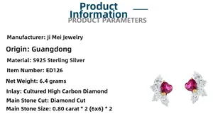 Vue détaillée des boucles d'oreilles cœur en argent S925 avec diamants rose rouge