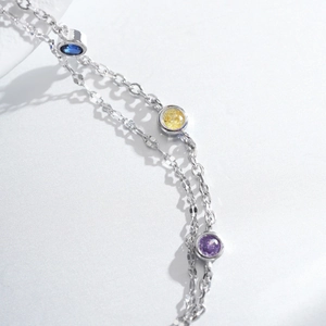 Zweilagiges S925 Silber Blasenarmband mit bunten blauen, gelben und lila Edelsteinen