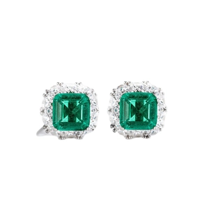 S925 silver stud earrings with emerald cut green zircon and double halo of white stones
