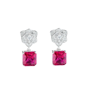 S925 silver flower stud earrings with brilliant red corundum and pavé zircon stones