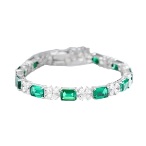 Bracelet tennis en argent S925 avec gemmes vertes taille émeraude et zircons marquise