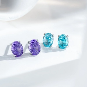 Classic S925 sterling silver stud earrings with oval cut purple and blue gemstones