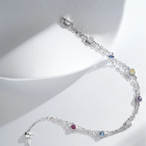 S925 Sterling Silber Doppelarmband mit bunten runden Edelsteinen in Zargenfassung