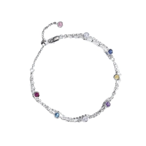 S925 Sterling Silber Doppelarmband mit bunten Regenbogen-Edelsteinen und Gleitverschluss