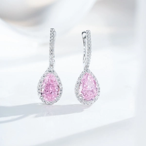Elegant S925 silver pear-cut pink gemstone drop earrings with a halo diamond setting