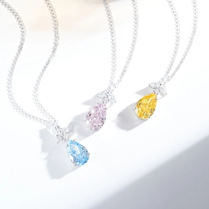 Three teardrop crystal necklaces in blue, pink, and yellow with butterfly accents