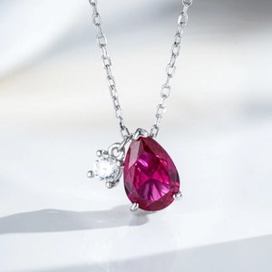 Elegant 925 silver pear-shaped red ruby pendant necklace with minimalist design and clear zircon