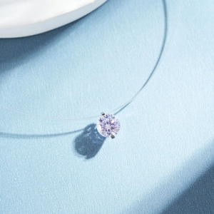 S925 silver necklace with round purple zircon pendant on invisible fish line chain