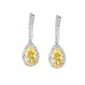 Pear cut yellow diamond drop earrings in S925 sterling silver with micro-pave halo setting
