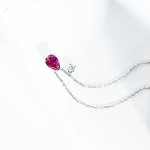 Elegant S925 sterling silver necklace with teardrop ruby gemstone and tiny diamond pendant