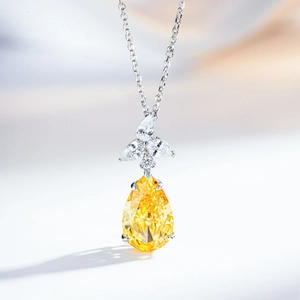 Pear-shaped yellow gemstone pendant necklace in S925 sterling silver with marquise diamonds