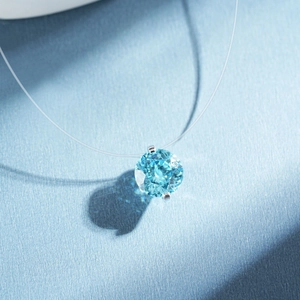Minimalist S925 silver invisible fishline necklace with round blue gemstone pendant