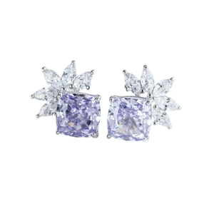 Classic S925 silver stud earrings with lavender radiant-cut stones and clear accents