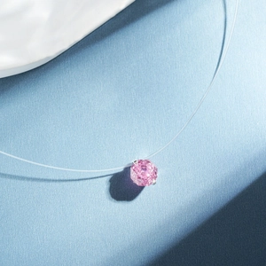 S925 sterling silver invisible necklace with round pink gemstone on floating clear line