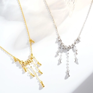 Collier à Franges en Argent Sterling 925 Élégant pour Femme Perles Brossées Pendentif Goutte d'Eau Chaîne de Clavicule Bijoux