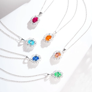 S925 Sterling Silver Halo Pendant Necklace For Women Colorful Oval Cut Zirconia Fashion Jewelry Elegant Neckwear Gift
