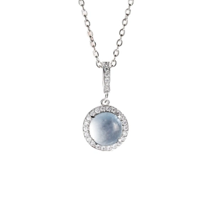 Elegante collana in argento 925 con ciondolo rotondo in pietra blu e cristalli halo