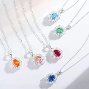 S925 silver necklace featuring oval colored gemstones with a sparkling halo of zircons